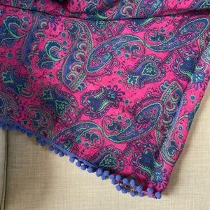 AERIE Pink Infinity Scarf in Pink Paisley Print with Purple Pompoms